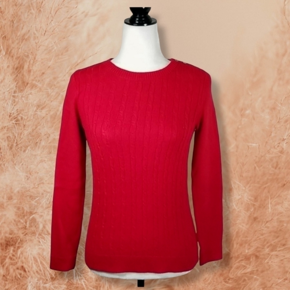 Talbots Women's Sweater Size S Petite Red Cotton Blend Cable Knit Crew Neck